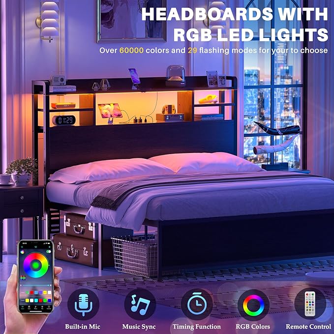 Aheaplus Headboard for Full Size Bed with Storage, Headboards with LED Light, Power Outlets, USB Ports Full Size Head Board, Wood headboard Only Sturdy and Stable Headboards, Modern, Black
