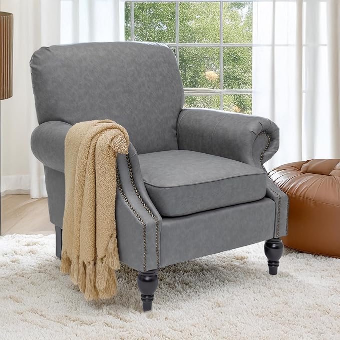 Accent Chair,22.4" Seat Depth Armchair with Roll Arms,36.6W*34.3D*34.6H Living Room Chair,Wood Legs,Set of 2,Faux Leather in Gray