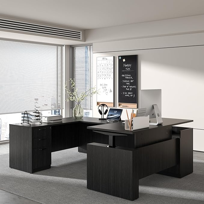 100.4'' Height Adjustable U-Shaped Executive Desk with 3-Drawer File Cabinet and Shelves (Grey-U)