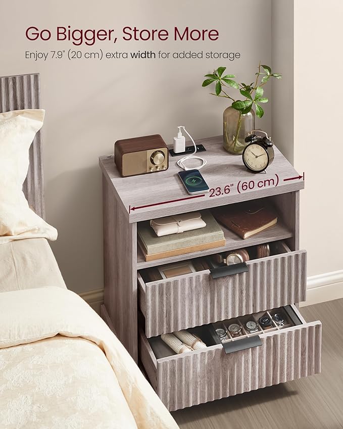 VASAGLE MAXE Collection - Set of 2 Nightstands with Charging Station, Fluted Night Stand, Bedside Table, Mid Century Modern Side End Table, 2 Drawers, 2 AC Outlets, 2 USB Ports, Washed Gray ULET926G01