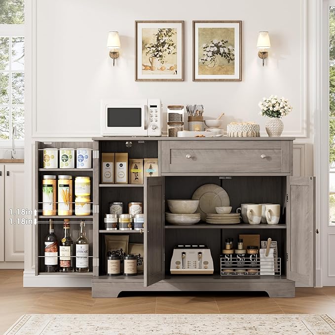 HOSTACK Buffet Cabinet with Storage, Modern Sideboard Buffet with Doors, Wood Coffee Bar Kitchen Storage Cabinet with Drawer and Adjustable Shelf for Kitchen, Dining Room, Living Room, Ash Grey
