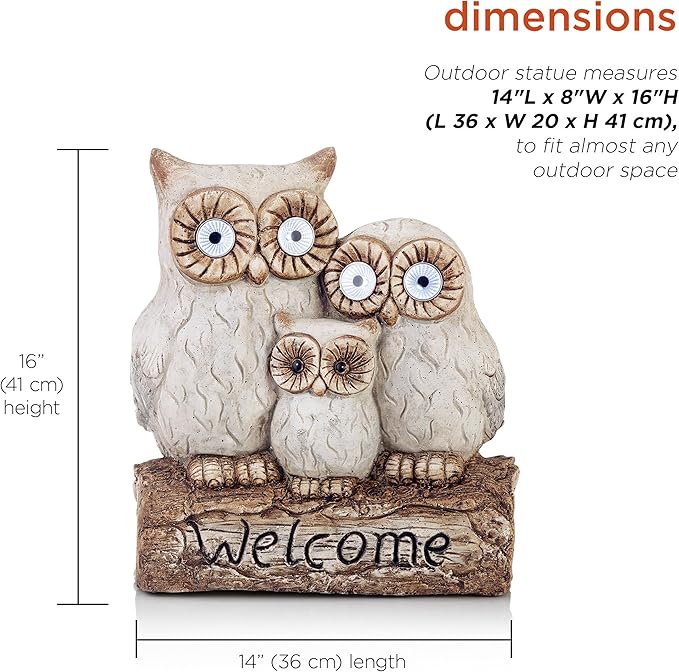 Alpine Corporation 16" Tall Outdoor Solar Powered Owl Welcome Family Statue with LED Lights