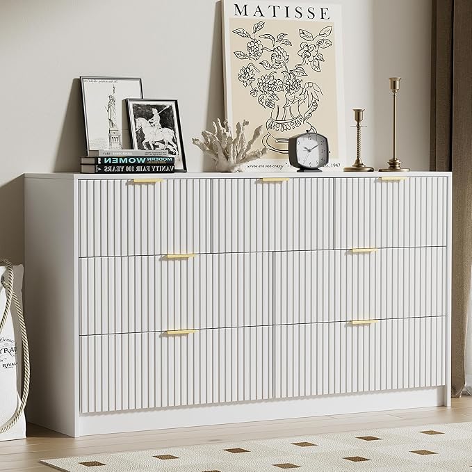 White Dresser for Bedroom, Modern Dresser with 7 Drawers and Smooth Slides, Wide Chest of Drawers with Golden Handles for Bedroom, Living Room, Closet, 15.7" D x 55.1" W x 31.4" H