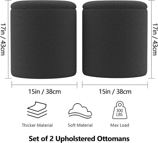 Ottoman Poufs with Storage, Set of 2 Soft Upholstered Vanity Stool,Multifunctional Ottomans Coffee Table Padded Seat Foot Rest for Living(Black, Pack of 2)
