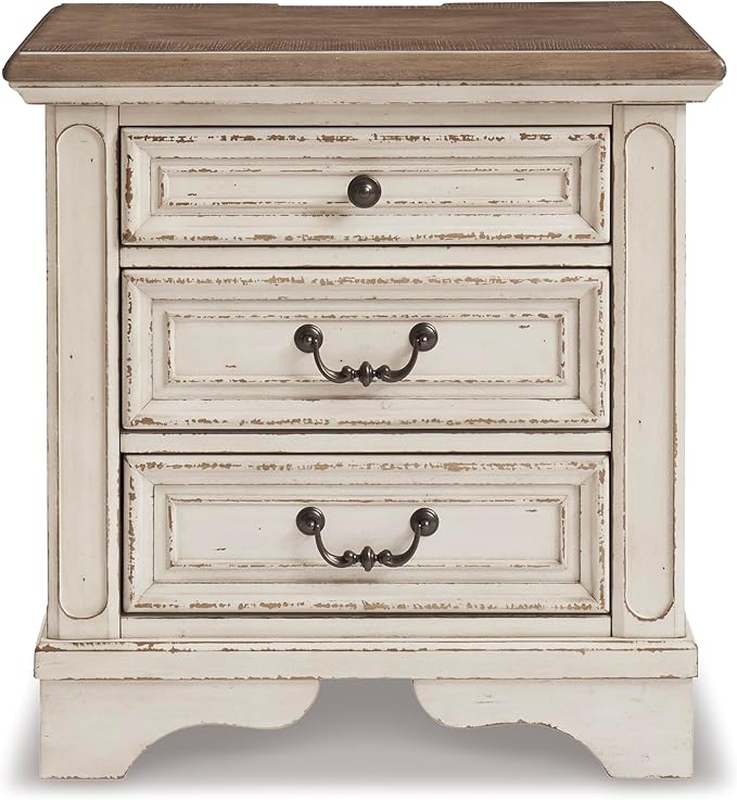 Signature Design by Ashley Realyn French Country 3 Drawer Nightstand with Electrical Outlets & USB Ports, 27.75" Tall, Chipped White