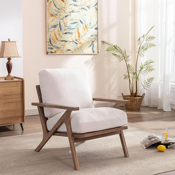Wahson Set of 2 Mid Century Chair, Upholstered Accent Armchairs, with Wood Frame and Linen Cushions, Leisure Slipper Chair for Living Room/Bedroom, Cream