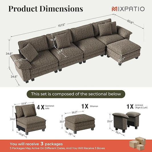 157-Inch L Shaped Sectional Sofa with Cloud Cushions, Deep Seat Modular Couch Set w/ 5 Seats & 1 Ottomans, Removable Arms, Plush Chenille Upholstery for Living Room, Apartment - Smoky Gray