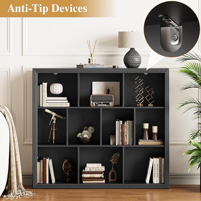 Book Shelf with 10-Cube, 43” Wide Bookshelf with Anti-Tip Device, 38” Tall Open Bookcase, Modern Display Organizer Book Case for Home Office, Entryway, Living Room, Bedroom, Study Room