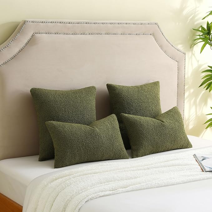 FUTEI Pack of 2 Moss Green Decorative Throw Pillow Covers 20x20 Inch Soft Cozy Solid Boucle Textured Cushion Case,Modern Home Decor for Couch Bed Living Room