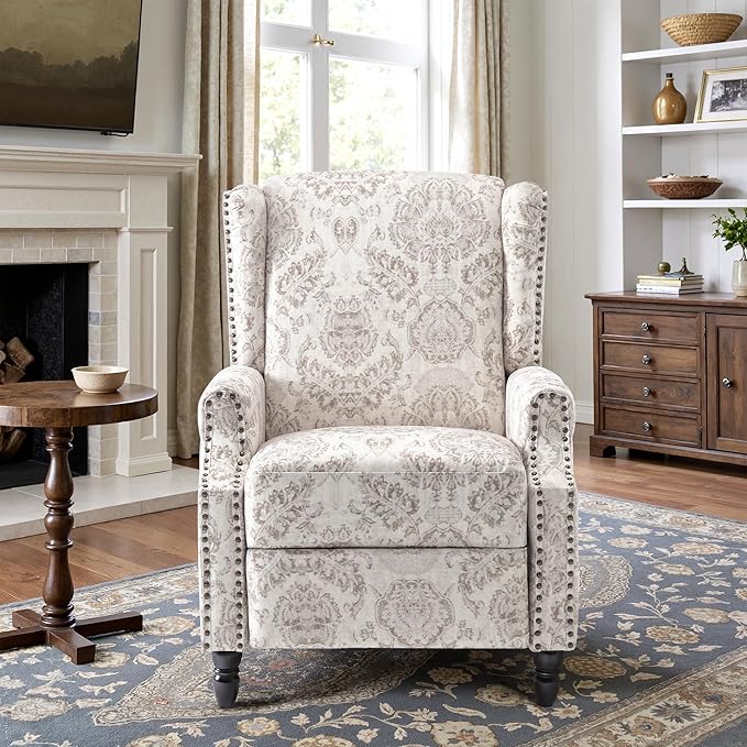 Accent Chair, Upholstered High Back Floral Armchair with Nailhead Trim & Wood Legs, Comfy Wingback Reading Single Sofa Chair for Small Spaces, Living Room, Bedroom