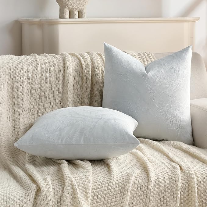 FUTEI Light Blue Velvet Throw Pillow Covers 12x20 Inch Set of 2,Soft Embossed Leaf-Relief Textured Lumbar Pillow Cases,Natural Home Decor for Couch Living Room