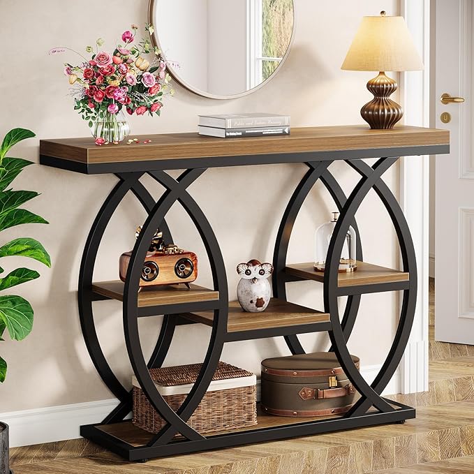 Tribesigns 39.4" Console Table, Industrial 4-Tier Sofa Table Entryway Table with Storage Shelves, Narrow Wood Accent Tables with Metal Frame for Small Spaces, Hallway, Foyer, Brown
