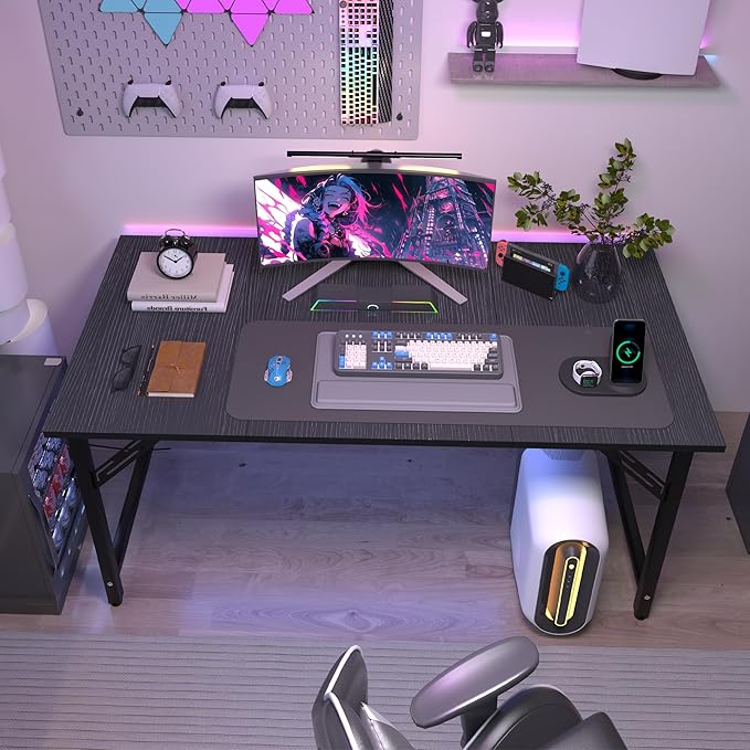 StarGraph Home Office Desks 47 Inch Large Office Desk with Sturdy Metal Frame Modern Computer Desk Gaming Study Writing Work from Home Desks, Black