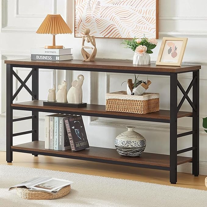 HOMBAZAAR Sofa Table,Industrial Console Table with Storage,Entryway Table with Engineered Wood and Metal,Rustic 3 Tier Shelf for Living Room,Hallway,Brown,55 Inch