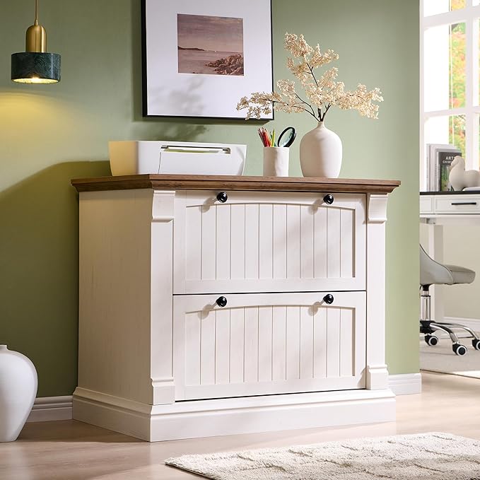 OKD Farmhouse File Cabinet with 2 Drawers, 35.3" Lateral Filing Cabinet with Hanging File Folders, Interlocking Drawers, Wood Rustic Storage Cabinet for Home Office, Living Room, Antique White