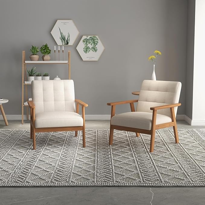 Westice Accent Chair 1PC, Mid-Century Modern Living Room Chairs with Solid Wood Frame & Soft Thicken Cushion, Upholstered Reading Arm Chair for Bedroom, Balcony, Beige Linen Fabric & Natural Legs