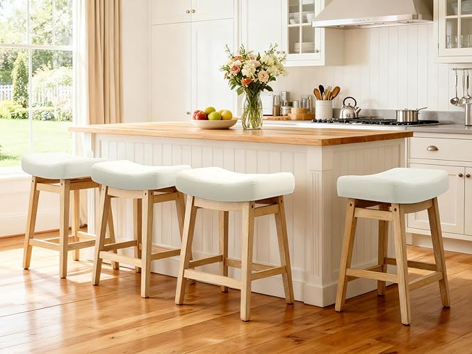 Counter Height Bar Stools Set of 6 for Kitchen Island Modern Barstools with Upholstered Faux Leather Backless Seat and Solid Wood Legs, 24 inch Farmhouse Bar Chairs, White