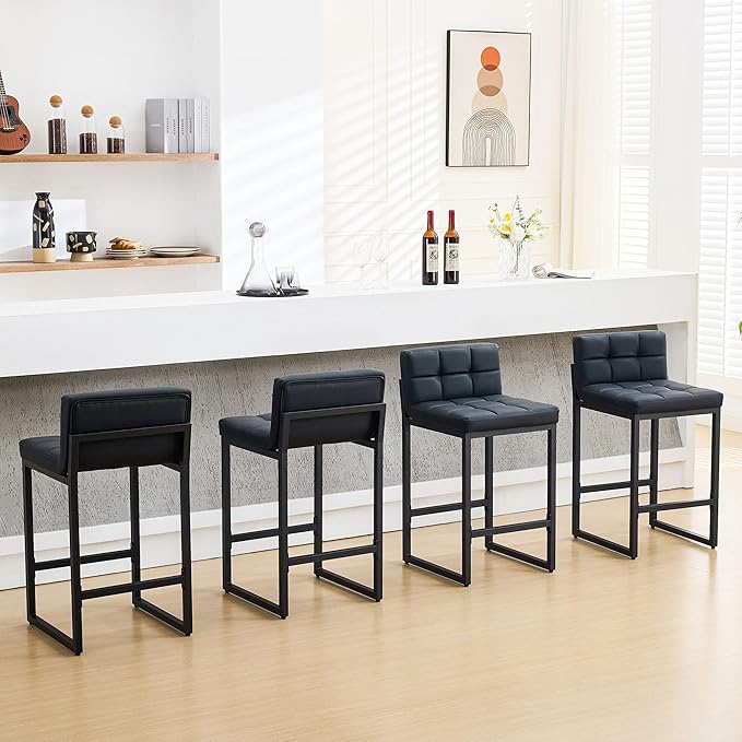 Bar Stools Set of 4, PU Leather Counter Height Barstools with Low Back and Thickened Metal Legs, 26 Inch Modern Island Chairs for Kitchen Island, Bar, Counter (Black, 4Pcs 26" Bar Stools)