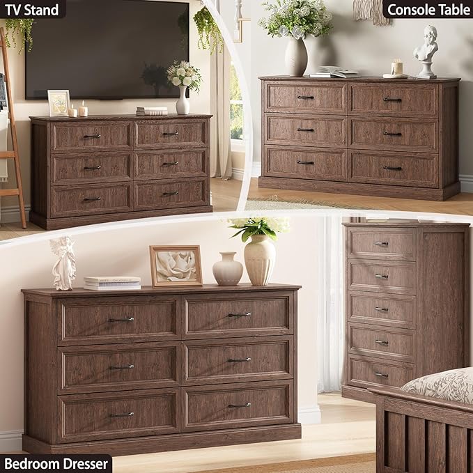 Farmhouse 6 Drawer Dresser for Bedroom, 55 Inch Wide Modern Brown Dresser TV Stand with Large Drawers & Bar Handles, Rustic Wood Chest of Drawers for Bedroom, Living Room, Hallway, Entryway.