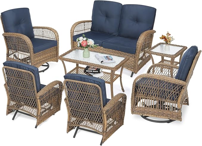 VIVIJASON 7-Piece Outdoor Patio Wicker Conversation Sets, All Weather Outdoor Rattan Furniture Set Includes Glider Loveseat, 2 Glider Rocker Chairs, 2 Swivel-Gliders Chairs, 2 Coffee Table, Navy Blue