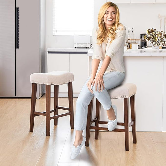 PrimeZone Counter Height Bar Stools Set of 6 - Backless Saddle Barstools with 4.3" Thick Upholstered, Nailhead Trim Linen Fabric & Solid Wood Legs, 26 Inch Counter Stools for Kitchen Island, Beige