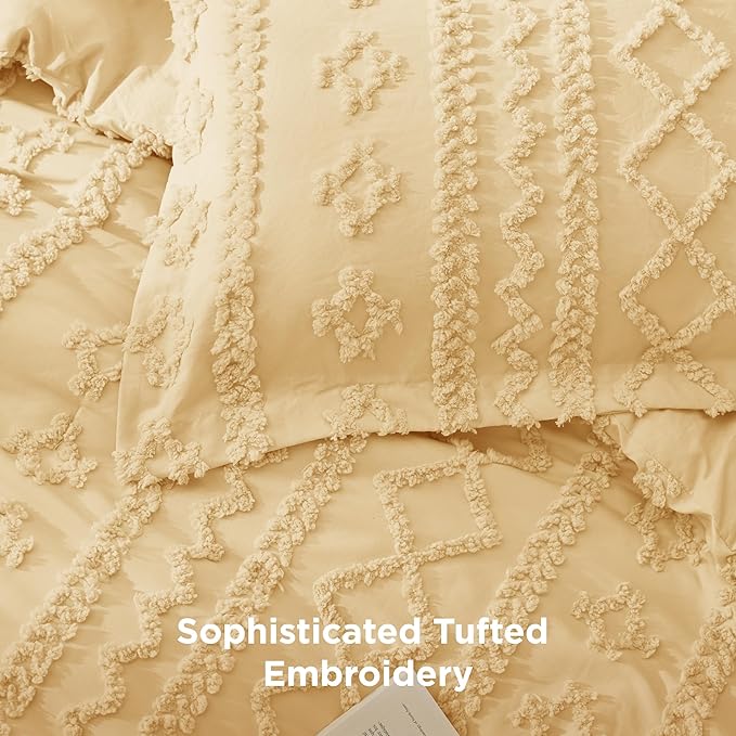 Bedsure Tufted Boho Comforter Set King Size - Yellow Boho Bed Set, GentleSoft™ 3 Pieces Farmhouse Shabby Chic Embroidery Bedding, Gifts for Woman, Soft Jacquard King Comforter for All Seasons