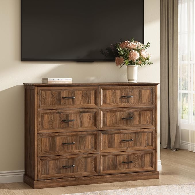 Farmhouse 8 Drawer Dresser for Bedroom, 55 Inch Wide Modern Walnut Dresser TV Stand with Large Drawers & Bar Handles, Rustic Wood Chest of Drawers for Bedroom, Living Room, Hallway, Entryway.