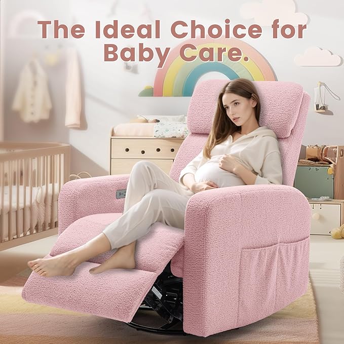 Power Swivel Recliner Chairs for Adults, Electric Glider Rocking Chair Nursery, Glider Recliner Nursery Chair with Classified Side Pocket, Nursery Rocking Chairs with USB and Type-C Ports