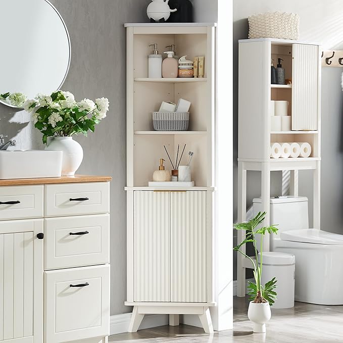 RedLemon 68" Tall Corner Cabinet, Modern Fluted Storage Cabinet with Faux Marble Top & Adjustable Shelves, Curved Profile Design, Space Saver for Bathroom, Living Room, Kitchen, Off White