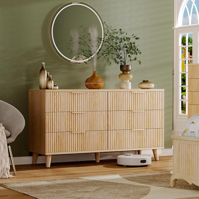 Lulive Dresser for Bedroom Wood Dressers Chest of Drawers, Fluted 53.2" Wide Modern Long Dresser TV Stand 6 Drawers for Bedroom, Closet, Living Room, Hallway (Natural)