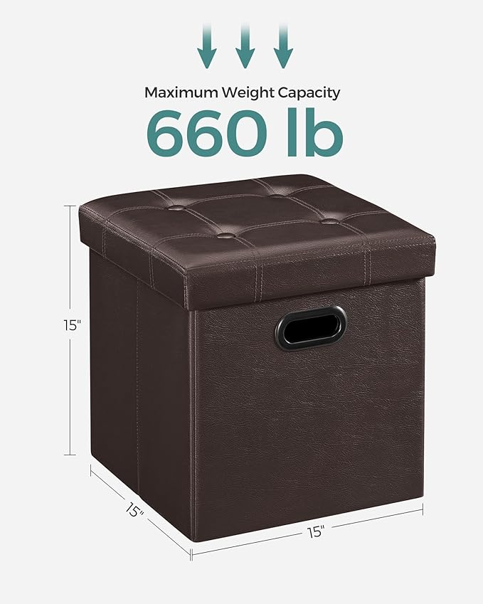 SONGMICS MAZIE Collection - 15 Inches Ottoman with Storage, Footstool, Storage Ottoman with Metal Grommet Handles, Load 660 lb, for Dorm, Living Room, Bedroom, Synthetic Leather, Brown ULSF30Z