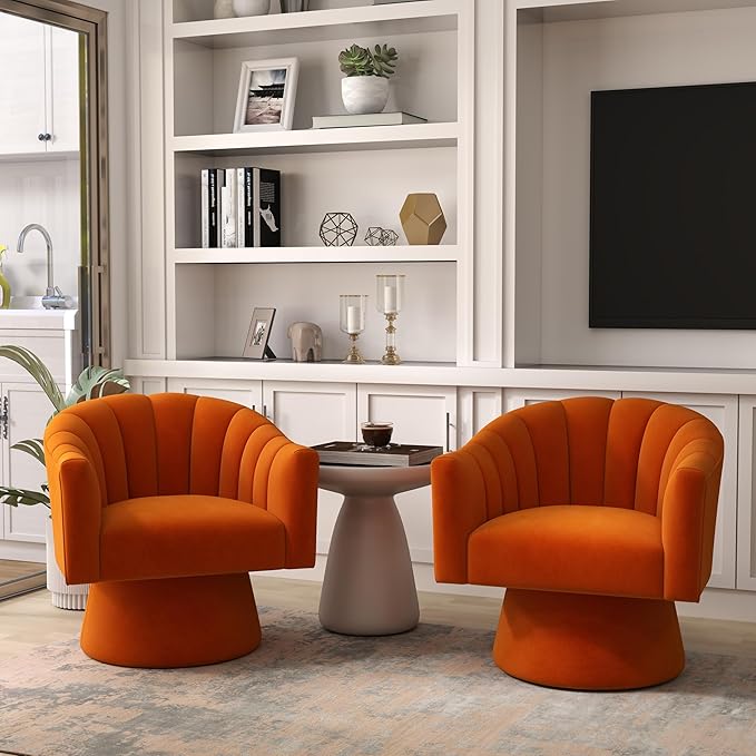 Swivel Accent Chair,Upholstered Velvet 360° Swivel Barrel Chair for Living Room Overstuffed Bouncle Reading Chair Round Armchair for Bedroom,Vanity,Office(Orange)