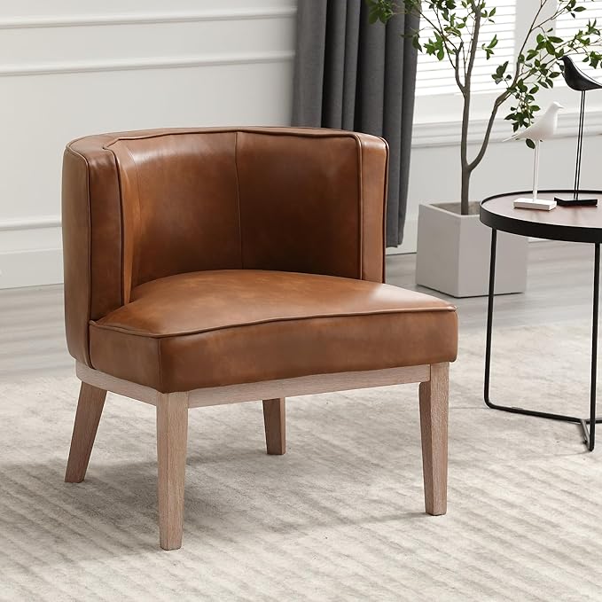 Arm Accent Chair Barrel Accent Chair with Wood Legs, Brown Leather Comfy Barrel Round Side Chair Upholstered Reading Chairs with Back for Living Room Bedroom Living Room Chair, Brown