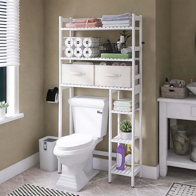 SMIBUY Over The Toilet Storage with Drawers, Large Bathroom Space Saver Organizer Rack, Freestanding Behind Toilet Stand with 6-Tier Shelf and Waterproof Feet Pad for Restroom, Laundry (White)