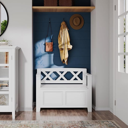 SIMPLIHOME Amherst Entryway Storage Bench - 36 inch Wide Solid Wood Small Hallway Seat in White, Transitional Bench for Entryway or Living Room with Lift-Up Lid and Compact Storage