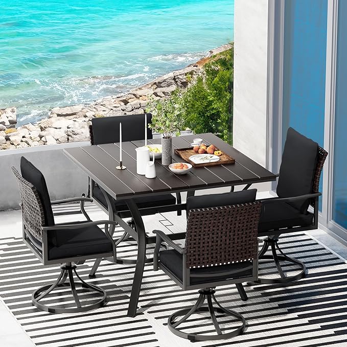 LEVELEVE 5 Piece Outdoor Patio Dining Set with 4 Swivel Dining Chairs & 1 Large Round Dining Table,Bistro Furniture Set for Lawn, Garden, Deck, Backyard and Porch