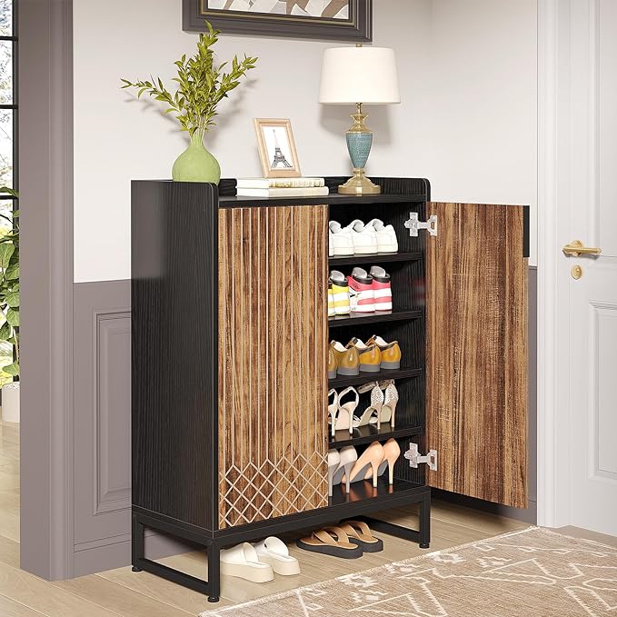 Tribesigns Shoe Cabinet with Doors, 6 Tiers Shoe Storage Cabinet for Entryway, 25 Pairs Wooden Shoe Cabinets, Modern Shoe Organizer Storage for Living Room, Bedroom, Hallway, Closet, Black and Brown