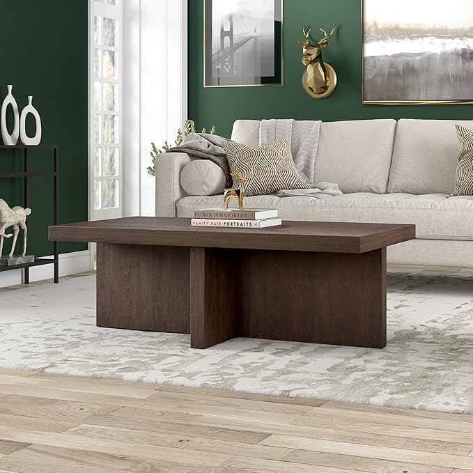 Henn&Hart 44" Rectangular Wood Pedestal Low-Profile Coffee Table for Living Room, Family Room, or Office, Alder Brown