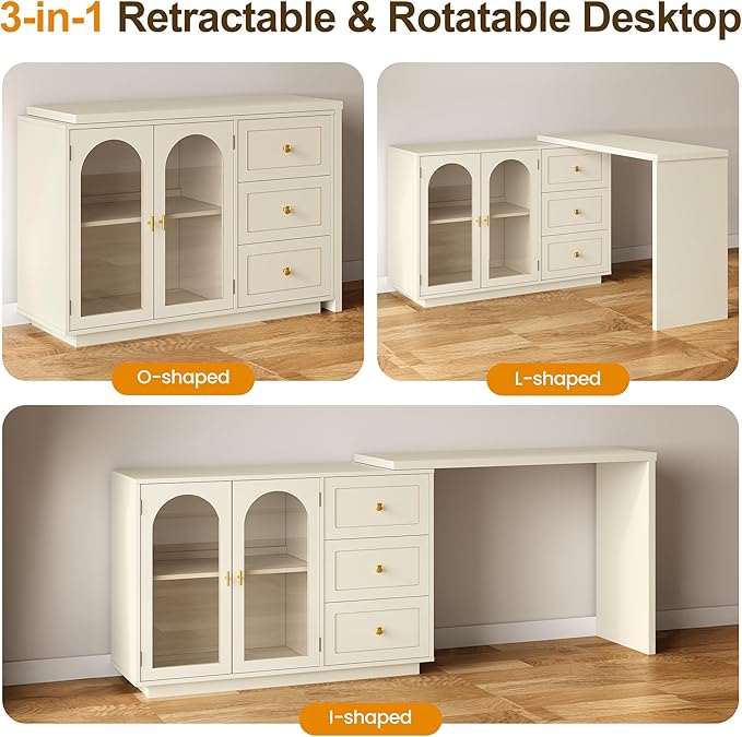 RoyalCraft L Shaped Home Office Desk, Large Extendable and Rotatable Desk with 3 Drawers and 2 Doors, Corner Computer Desk, Modern Study Writing Table for Bedroom, Home Office, Beige
