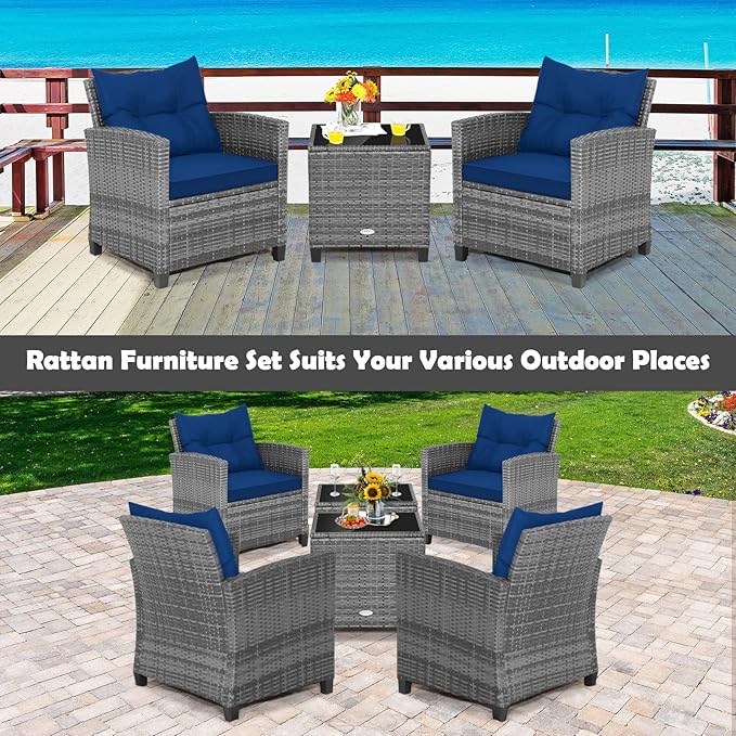 Tangkula 3 Pieces Patio Furniture Set, Outdoor PE Rattan Conversation Chair Set with Tempered Glass Side Table and Removable Cushions, PE Wicker Chairs and Table Set for Porch, Balcony and Garden
