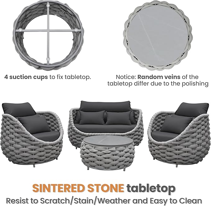 4 Pieces Assembled Patio Conversation Sets, Hand Woven Rope Outdoor Furniture Sofa Set - Aluminum Modern Cushions Couch Armchair Table Set - All Weather for Indoor Deck Porch Backyard Hotel