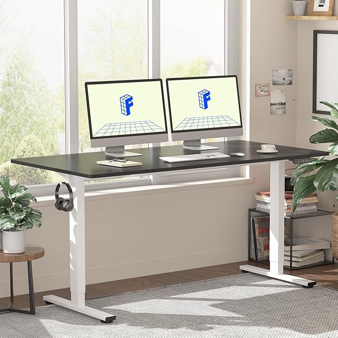 FLEXISPOT EN1 One Piece Standing Desk, 55 x 28 Inch Desktop Electric Adjustable Height Desk for Home Office and Computer Workstation (White Frame + Black Top, 2 Packages)