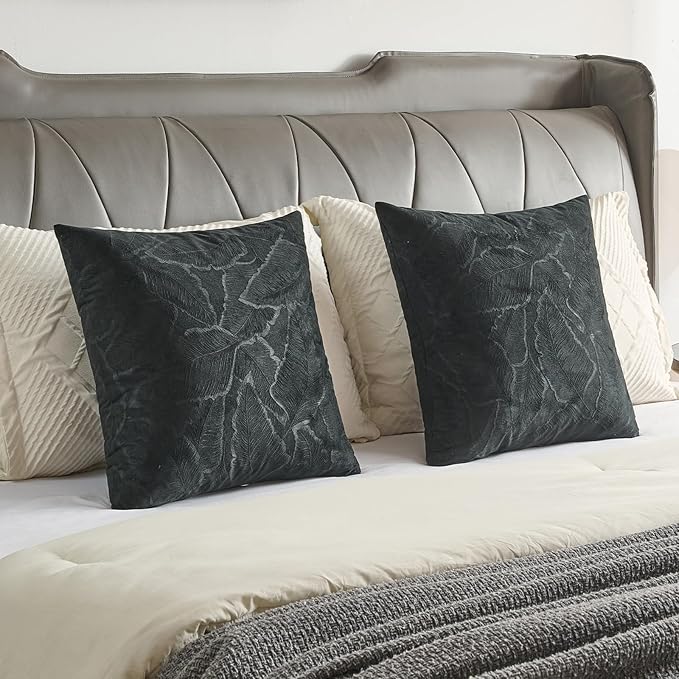 FUTEI Black Velvet Throw Pillow Covers 12x20 Inch Set of 2,Soft Embossed Leaf-Relief Textured Lumbar Pillow Cases,Natural Home Decor for Couch Living Room
