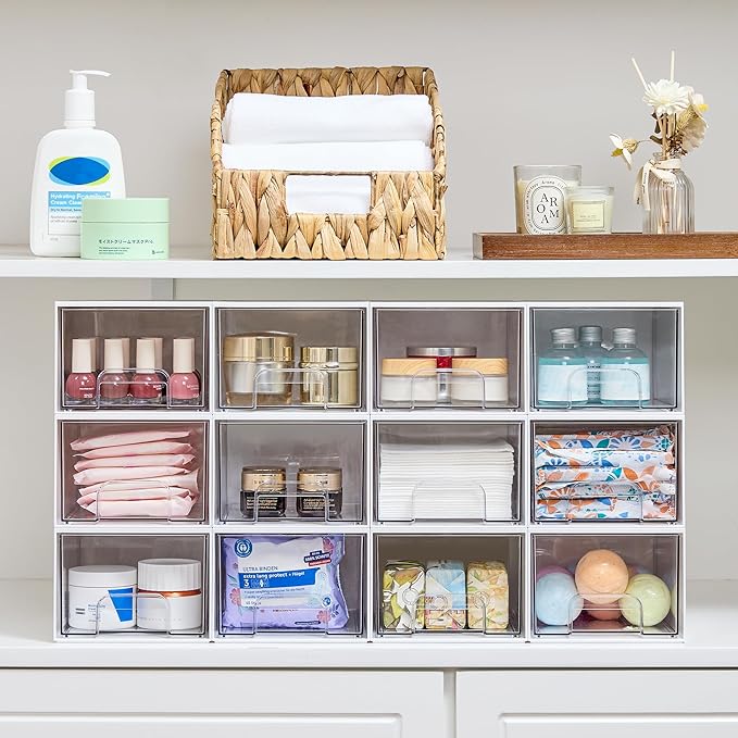 Vtopmart 4Pack Small Stackable Storage Drawers, Bathroom Makeup Organizer,Plastic Storage Bins For Vanity, Undersink, Kitchen Cabinets, Pantry, Home Organization(White)