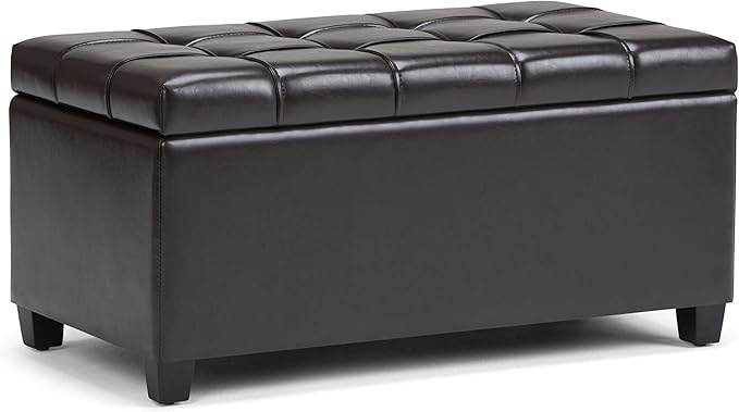 SIMPLIHOME Sienna 33 inch Wide Transitional Rectangle Storage Ottoman Bench in Tanners Brown Vegan Faux Leather, Assembled, For the Living Room, Entryway and Family Room