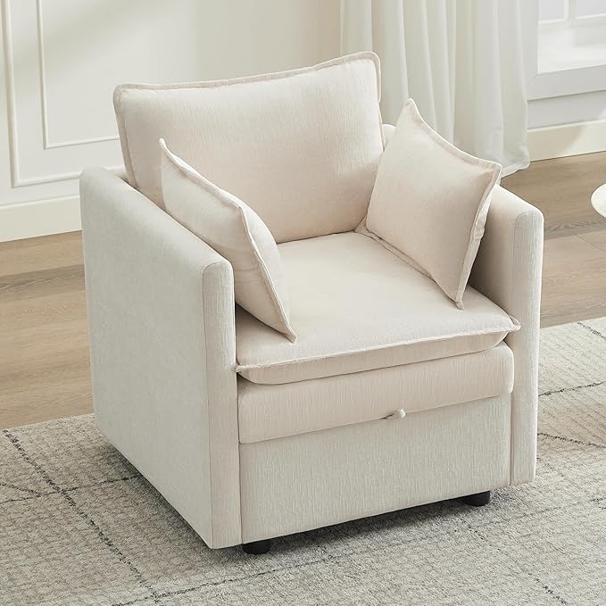 30" Cloud Modular Single Sofa Chair with Storage, Modern Upholstered Accent Chair Deep Seat, Chenille Reading Lounge Armchair for Living Room, Bedroom, Small Space, Beige