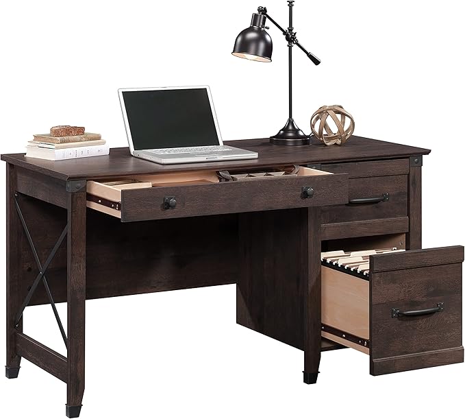 Sauder Carson Forge Vintage Rustic Computer Desk for Home Office with Drawers, in Coffee Oak