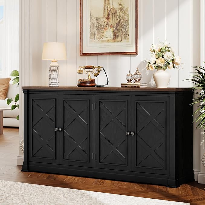 ONBRILL 63 Inches Buffet Cabinet with Storage, Large Sideboard Cabinet with 4 Barn Doors, Adjustable Shelves, Wood Coffee Bar Station for Kitchen, Living Room, Black