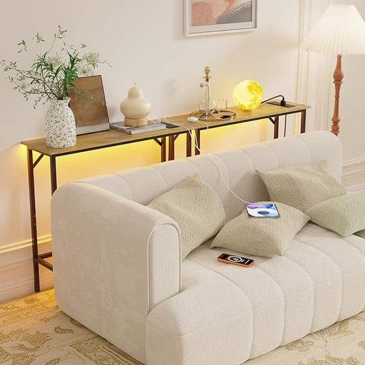Narrow Console Table with Led Light and Charging Station,29.5" Small Entryway Table,Display Table,Entryway Hallway Thin Sofa Table Behind Sofa, Small Spaces, Living Room, Rustic Brown