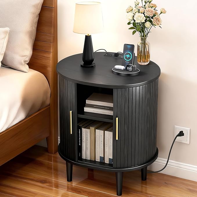 Nightstand with Charging Station, Fluted Accent Side Table with Sliding Door & Adjustable Shelf, Mid-Century Modern End Table for Small Space, Living Room, Bedroom(1, Black)